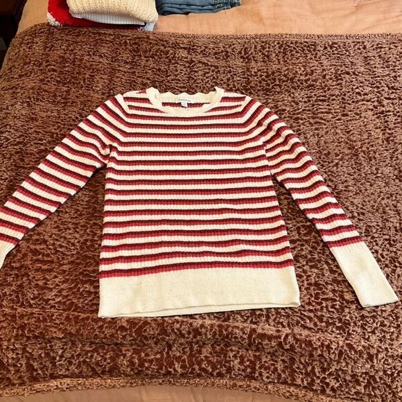 Nordstrom Red Breton Stripe Distressed Cropped Ribbed Sweater, M. French Girl - Picture 7 of 12